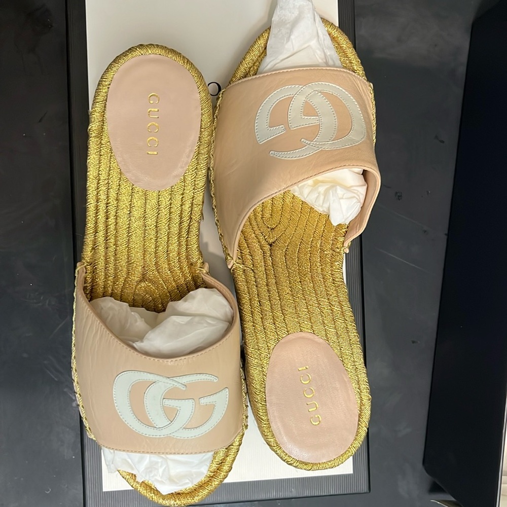 Gucci GG Espadrille Slide Sandals Pink & Gold EU 37,5  Block Heel Logo Emerald